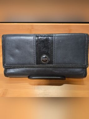 Coach Black Leather Clutch Wallet with Glossy Center Stripe